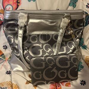 Silver and Gray Tote Bag with Matching Wallet